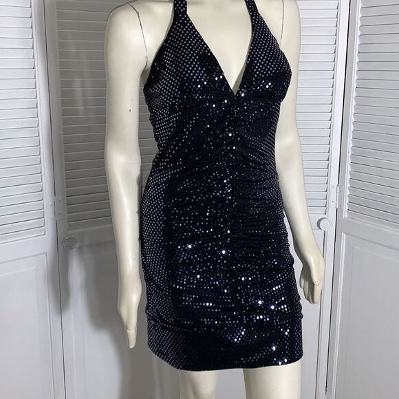 Vintage Taboo Black Stretchy Halter Sequin Dress Size Medium - Picture 3 of 14